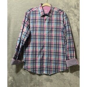 Bugatchi Mens Shirt Large Purple Blue Plaid Button Up Shaped‎ Fit Preppy Office
